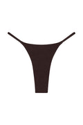 Front view of Brazil Thong in Espresso Wide Rib showing ribbed texture, thin side straps, and minimal thong coverage on white background