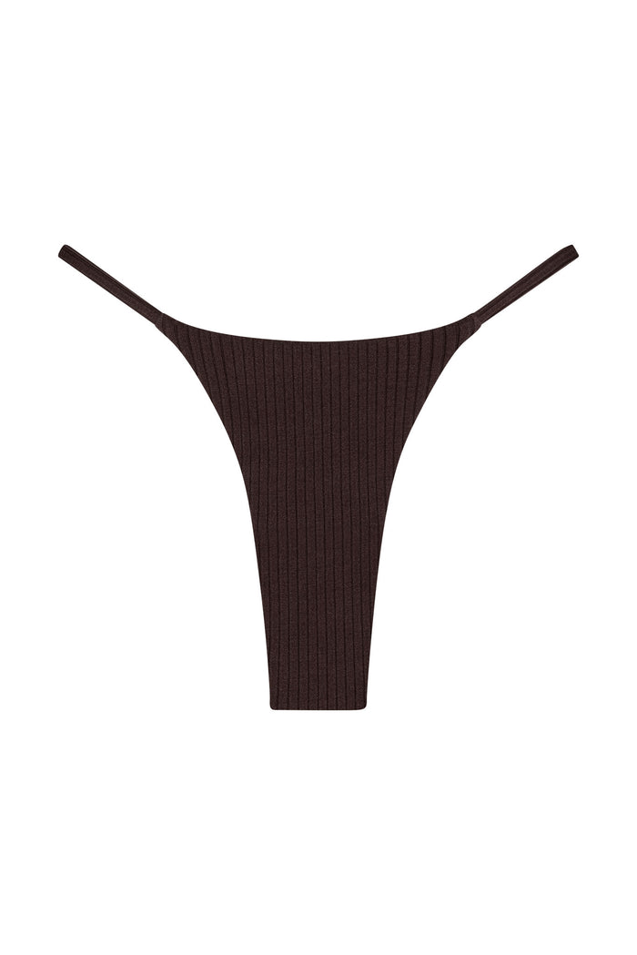 Front view of Brazil Thong in Espresso Wide Rib showing ribbed texture, thin side straps, and minimal thong coverage on white background