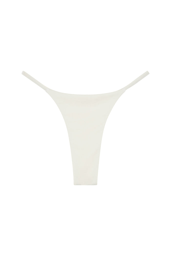 Front flat lay of Brazil Thong swim bottom in ivory showing ribbed fabric and thin side straps on a white background