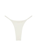 Front flat lay of Brazil Thong swim bottom in ivory showing ribbed fabric and thin side straps on a white background