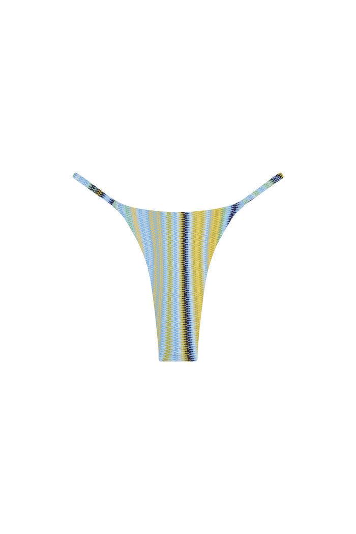 Front view of Brazil Thong Sardinia Stripe Azure showcasing minimal thong coverage and thin side straps on white background