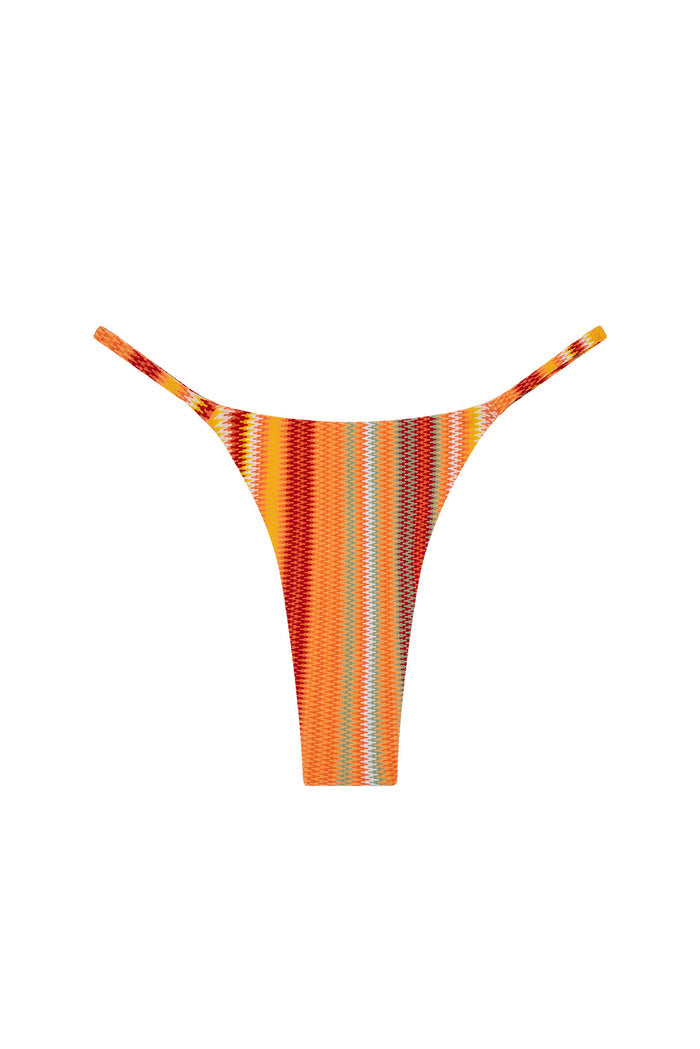 Front view of Brazil Thong in Sardinia Stripe with narrow side straps and orange multicolor stripe pattern on white background