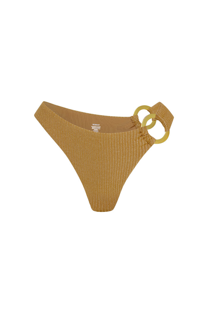 Front view of Bronte Bottom in antique gold lurex rib with high-cut leg and double-ring side on white background