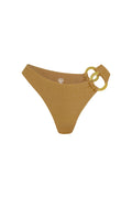 Front view of Bronte Bottom in antique gold lurex rib with high-cut leg and double-ring side on white background