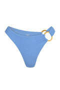 Bronte Bottom, azure crinkle bikini bottom with textured fabric and gold side rings; inner label reads MONDAY