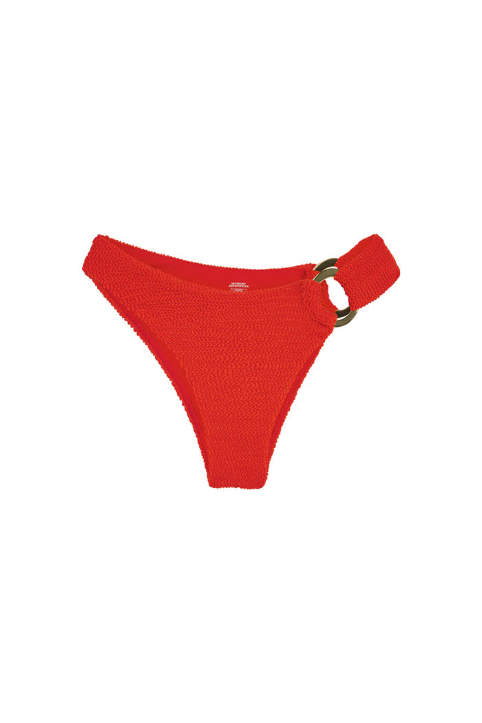 Front view of Bronte Bottom in Chili Pepper Crinkle with textured fabric, gold side ring and high‑cut cheeky silhouette on white