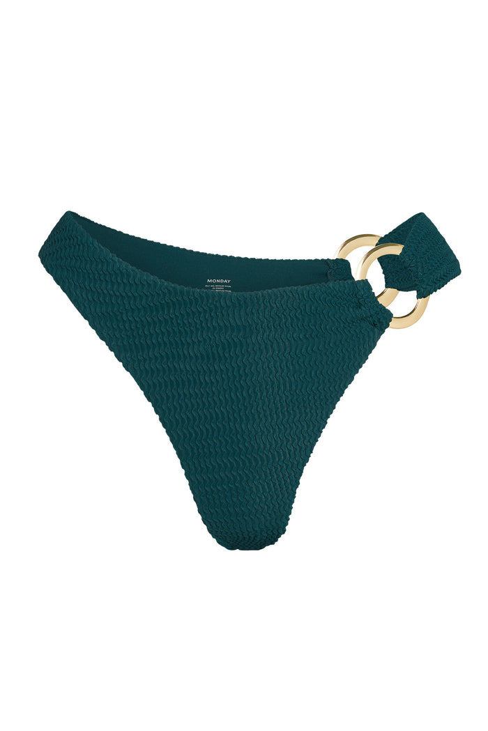 Front view of Bronte Bottom in Evergreen Crinkle showcasing crinkle texture and gold double-ring side detail on white background