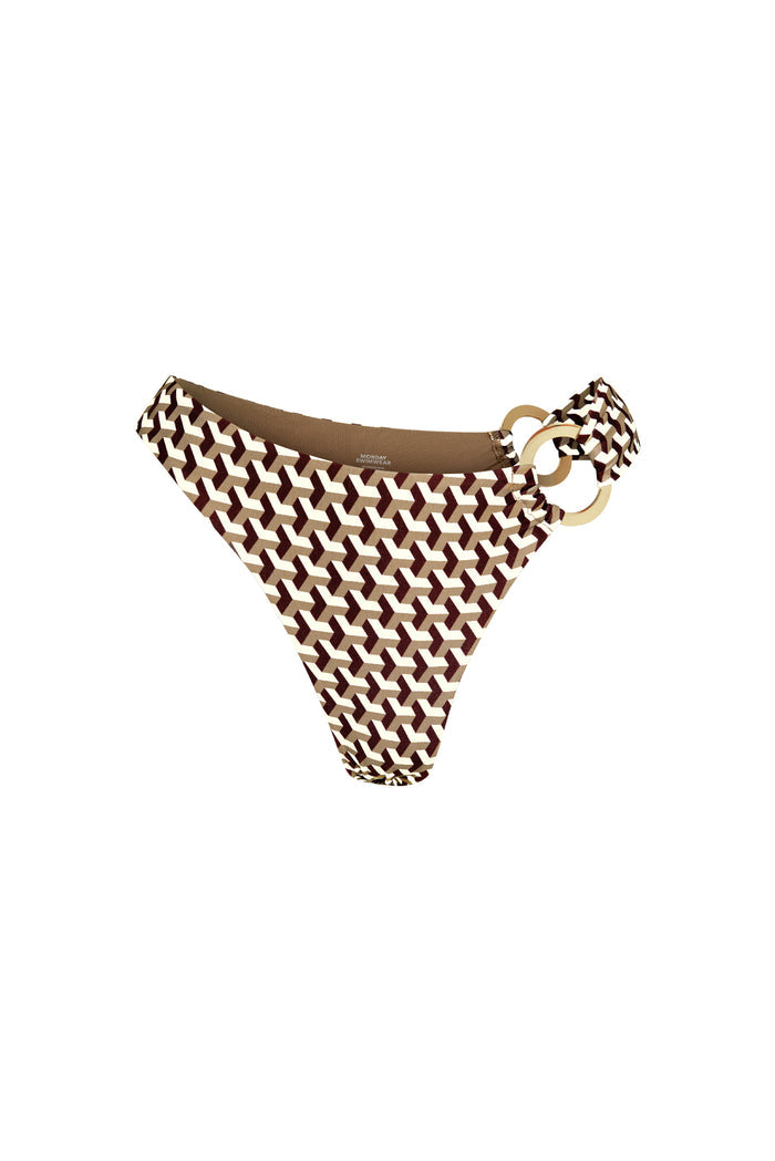 Front view of Bronte Bottom Husk Geo with brown-and-cream geometric print and gold double rings on white