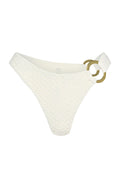 Front view of Bronte Bottom in Ivory Crochet showcasing textured crochet fabric and gold-tone double ring side hardware on white background