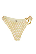 Beige geometric-print bikini bottom with double gold-ring detail at right hip and "MONDAY" label inside.