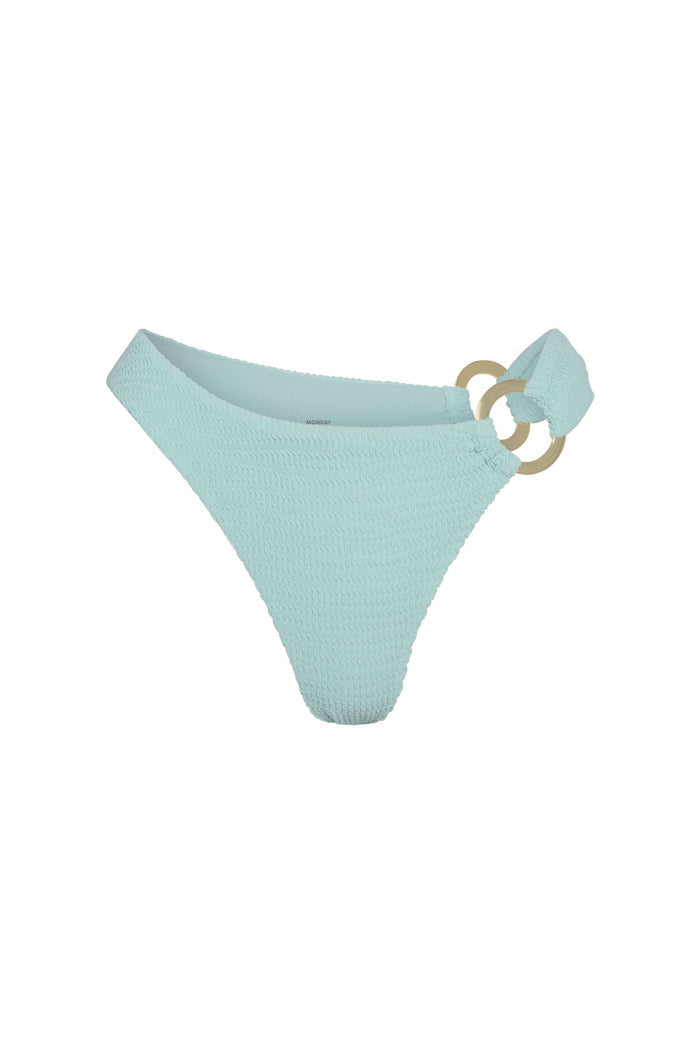 Front view of Bronte Bottom in light slate crinkle showing textured fabric and gold double-ring hip on white background