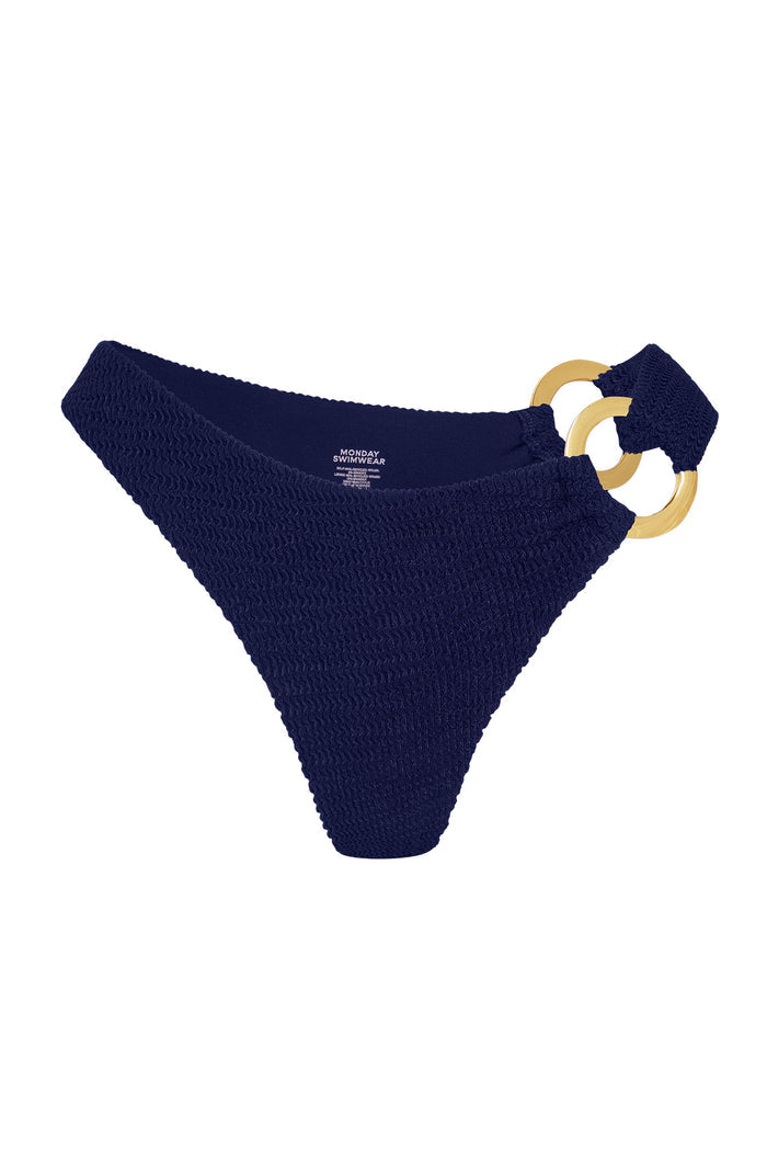 Front view of Bronte Bottom in Midnight Crinkle showcasing textured crinkle fabric and gold double side rings on a white background