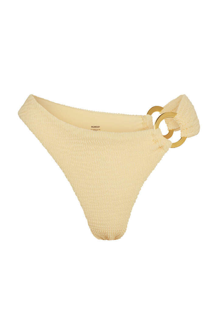 Front view of Bronte Bottom in raffia crinkle texture, high-cut silhouette with gold double-ring side hardware on white background