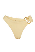 Front view of Bronte Bottom in raffia crinkle texture, high-cut silhouette with gold double-ring side hardware on white background