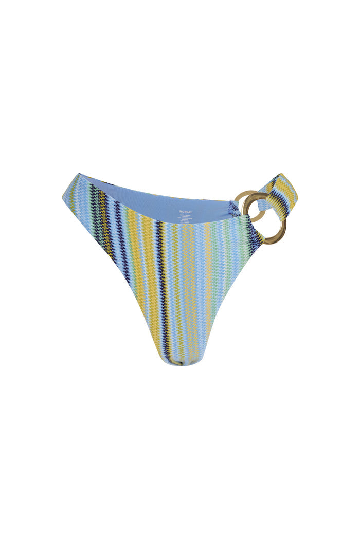 Front view of Bronte Bottom in Sardinia Stripe Azure showcasing gold side ring, high-cut leg and striped crinkle fabric on white background