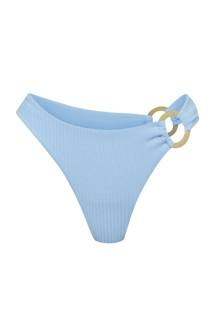 Front view of Bronte Bottom in sky rib showcasing ribbed fabric and gold double-ring side detail on white background