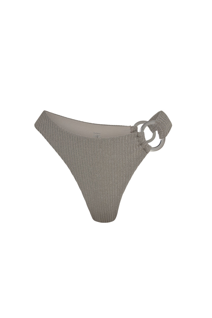 Front view of Bronte Bottom in Steel Lurex Rib showcasing ribbed lurex fabric, high-cut leg and gold ring detail on white