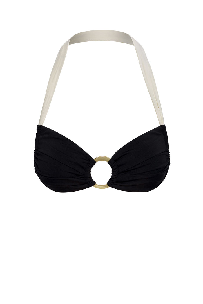 Front close-up of Bronte Top in Black/Ivory showcasing bandeau shape, ivory halter strap, and gold center ring on white background