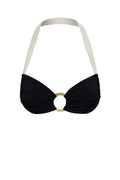 Front close-up of Bronte Top in Black/Ivory showcasing bandeau shape, ivory halter strap, and gold center ring on white background