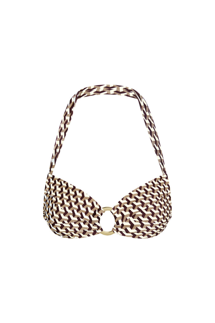 Front of Bronte Top in Husk Geo with brown-and-cream geometric print, gold center O-ring and halter strap on white background