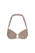 Front of Bronte Top in Husk Geo with brown-and-cream geometric print, gold center O-ring and halter strap on white background