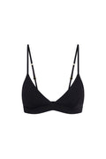 Front close-up of Brooklyn Bra in black showing triangle cups, thin adjustable straps and elastic underband