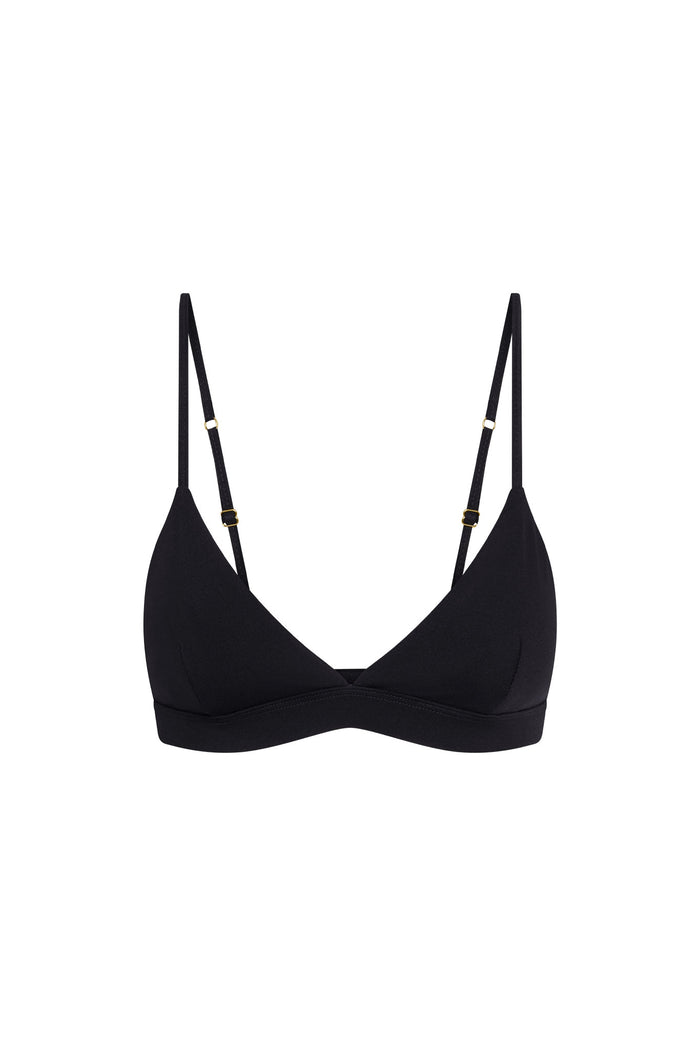 Front close-up of Brooklyn Bra in black showing triangle cups, thin adjustable straps and elastic underband