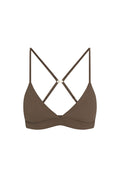 Front view of Brooklyn Bra in Stone Jersey showcasing triangle cups and adjustable crisscross straps on white background
