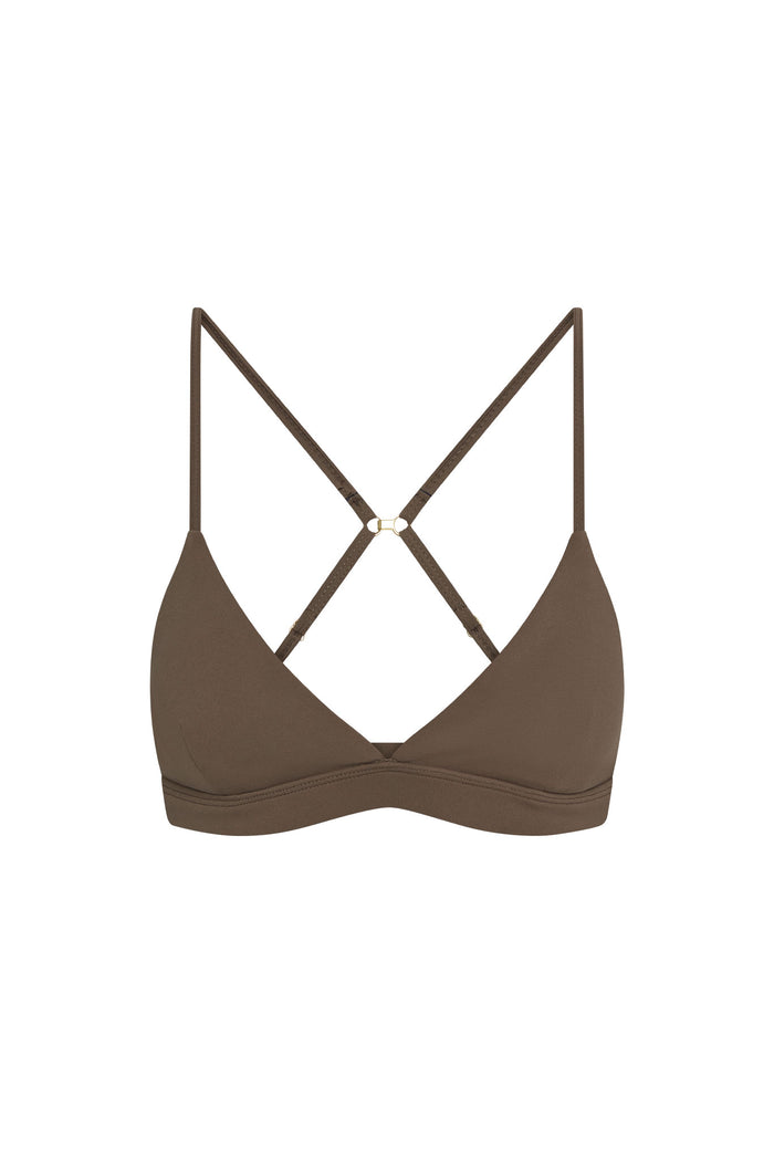 Front view of Brooklyn Bra in Stone Jersey showcasing triangle cups and adjustable crisscross straps on white background