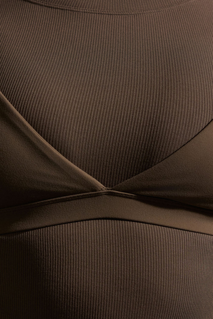 Close-up front of Brooklyn Bra showing ribbed Stone Jersey fabric and V-shaped underbust seam