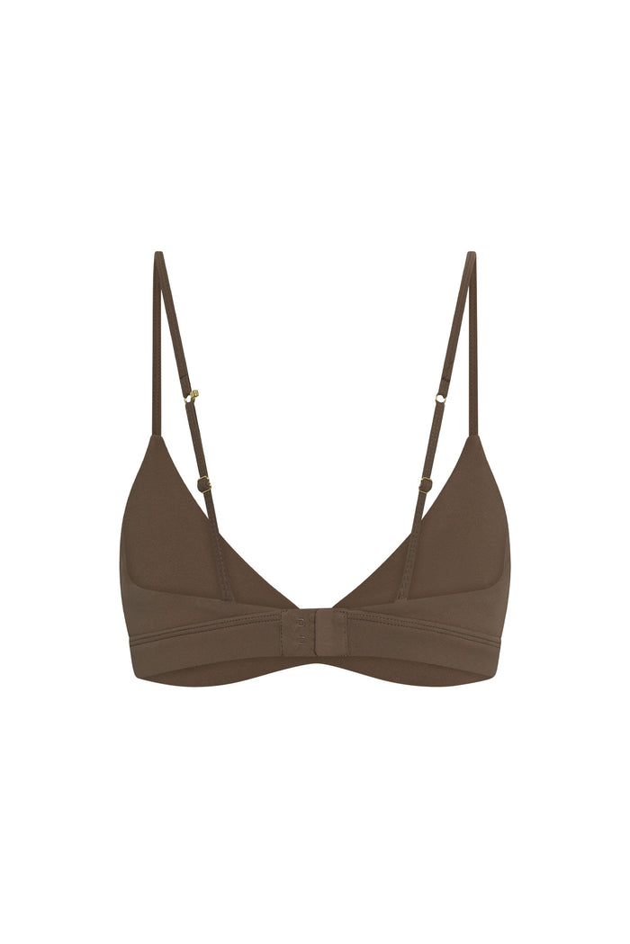 Front of Brooklyn Bra in Stone Jersey with triangle cups, adjustable straps and two-hook back on white background