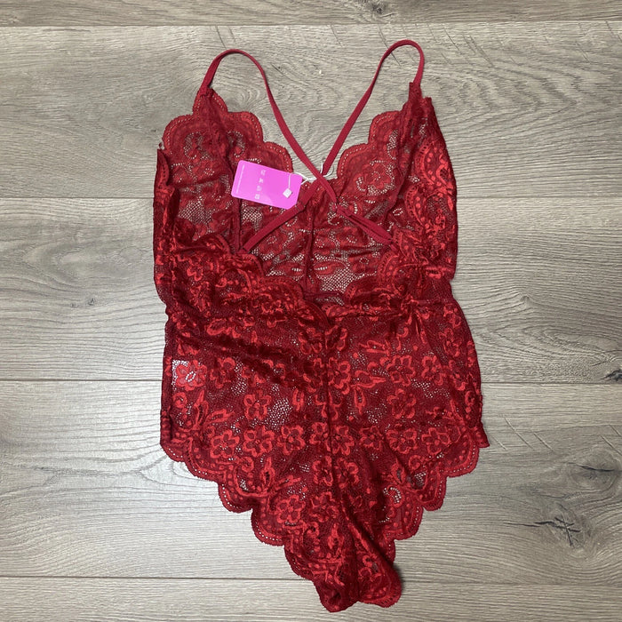 Buitifo Women's Red Floral Lace V Neck One Piece Lingerie Bodysuit Size S