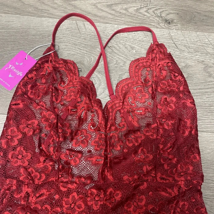Buitifo Women's Red Floral Lace V Neck One Piece Lingerie Bodysuit Size S
