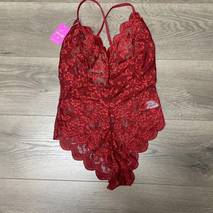 Buitifo Women's Red Floral Lace V Neck One Piece Lingerie Bodysuit Size S