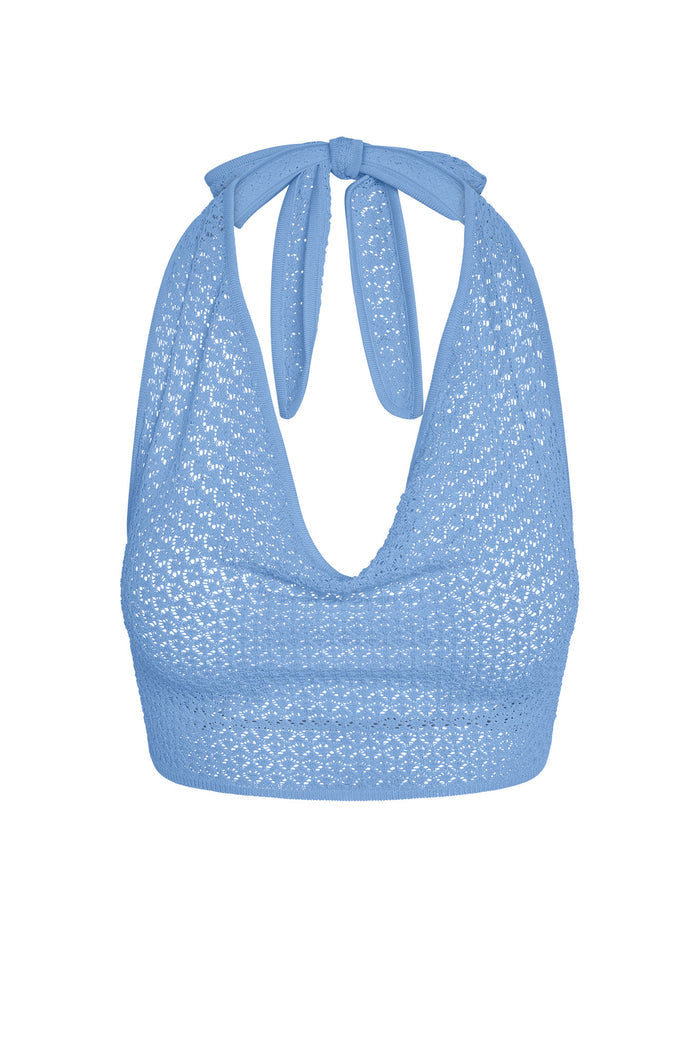 Front view of Bula cowl neck top in azure lace crochet showing halter tie, draped cowl neckline, and eyelet crochet texture on white