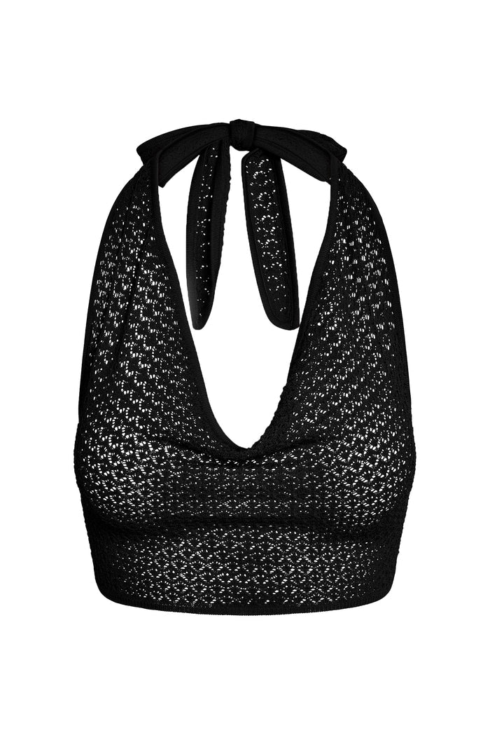Front view of Bula cowl neck top in black lace crochet with halter tie and openwork texture on white background