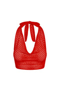 Front view of Bula Cowl Neck Top in Chili Pepper showing cowl halter neckline and crochet texture on white