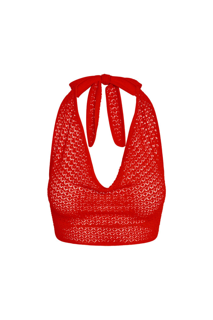 Front view of Bula Cowl Neck Top in Chili Pepper showing cowl halter neckline and crochet texture on white