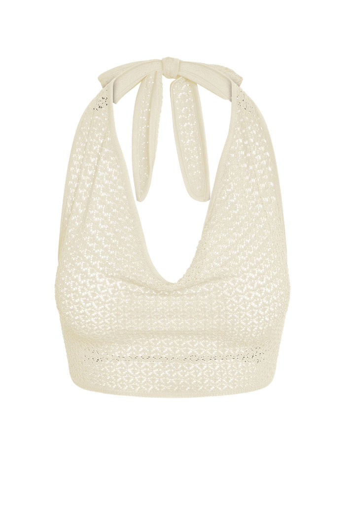 Front view of Bula cowl neck top in ivory lace crochet with halter tie, draped cowl neckline and open crochet knit on white background