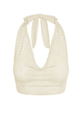 Front view of Bula cowl neck top in ivory lace crochet with halter tie, draped cowl neckline and open crochet knit on white background