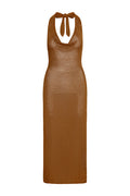 Front view of Bula Dress in Caramel Treble Knit showing cowl neckline, halter neck tie and open-knit texture on white background