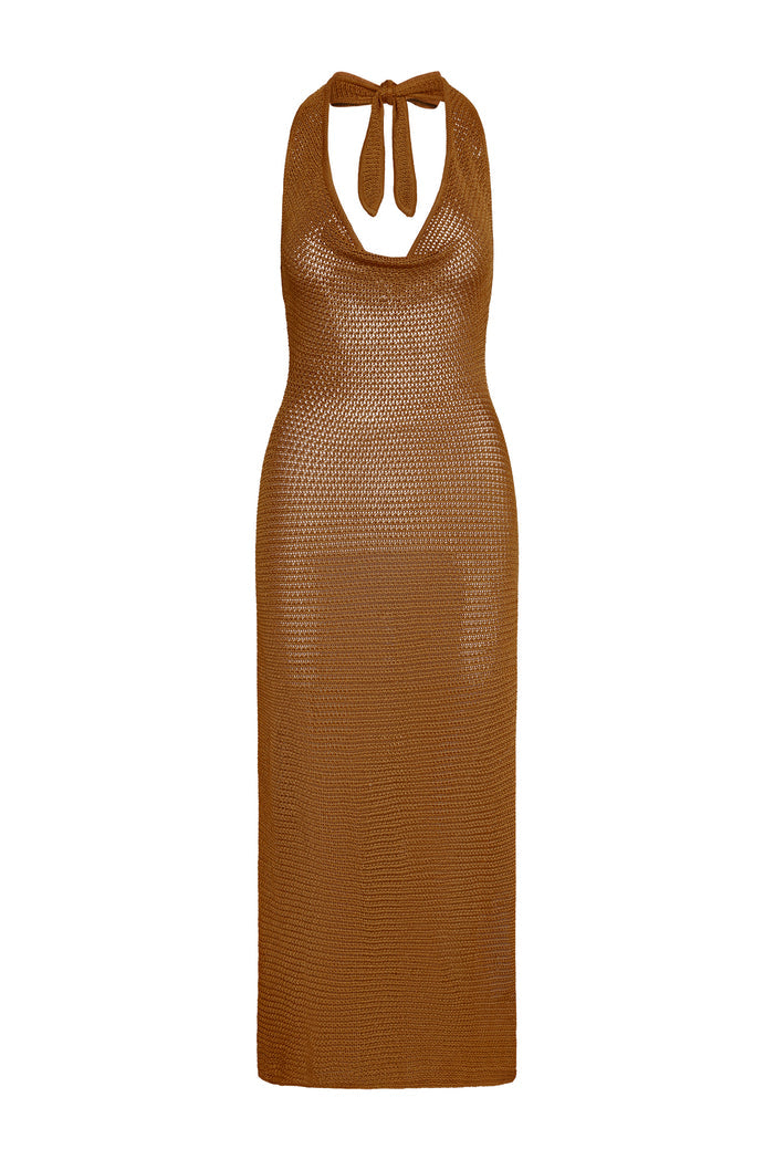 Front view of Bula Dress in Caramel Treble Knit showing cowl neckline, halter neck tie and open-knit texture on white background
