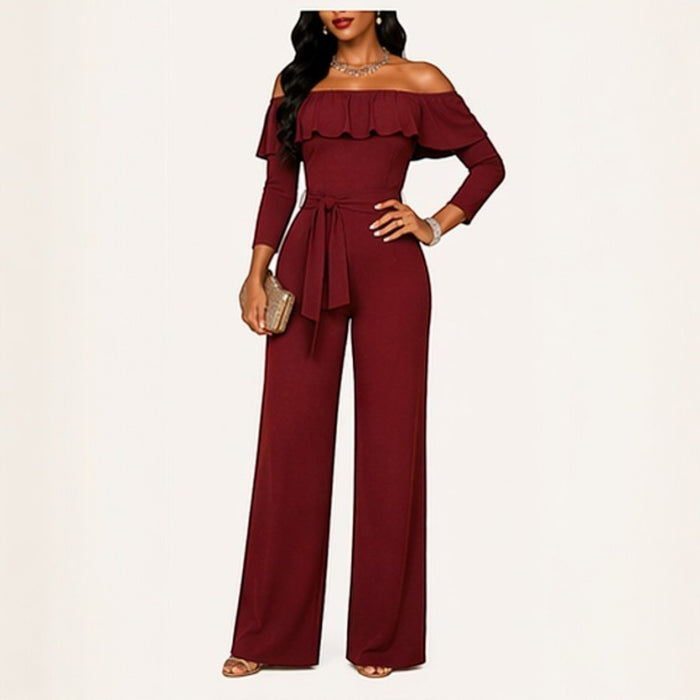 Burgundy Ruffled Overlay Off Shoulder Wide Leg Jumpsuit Belted Elegant Formal