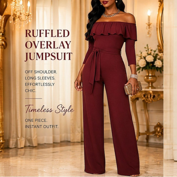 Burgundy Ruffled Overlay Off Shoulder Wide Leg Jumpsuit Belted Elegant Formal
