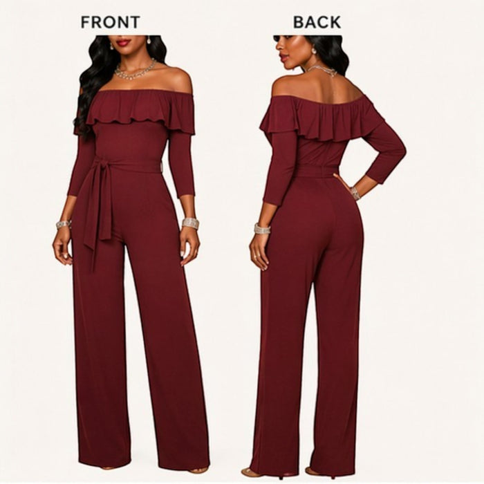 Burgundy Ruffled Overlay Off Shoulder Wide Leg Jumpsuit Belted Elegant Formal