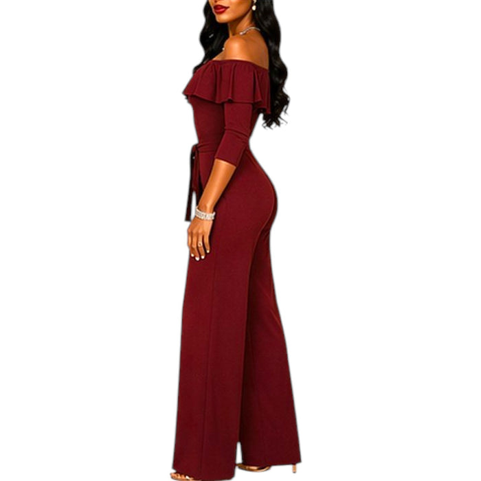 Burgundy Ruffled Overlay Off Shoulder Wide Leg Jumpsuit Belted Elegant Formal