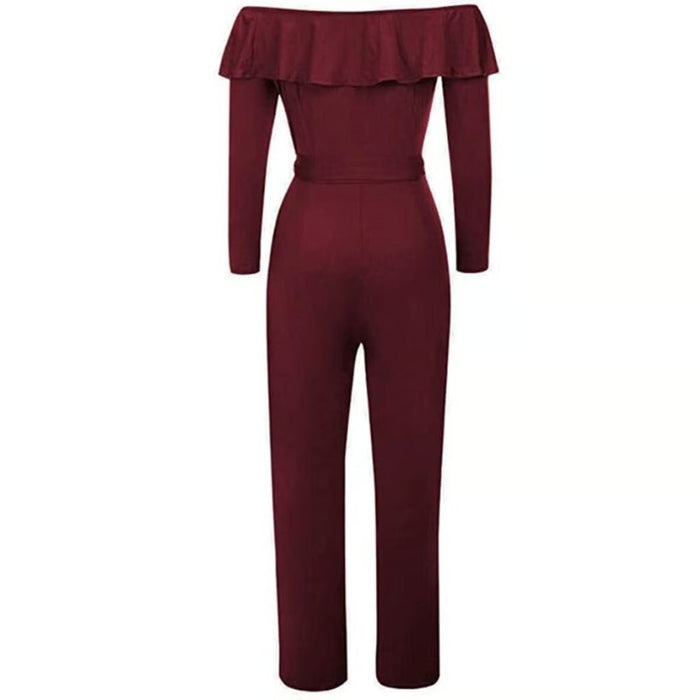 Burgundy Ruffled Overlay Off Shoulder Wide Leg Jumpsuit Belted Elegant Formal