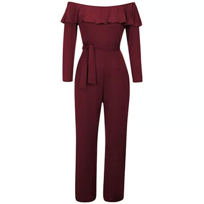 Burgundy Ruffled Overlay Off Shoulder Wide Leg Jumpsuit Belted Elegant Formal
