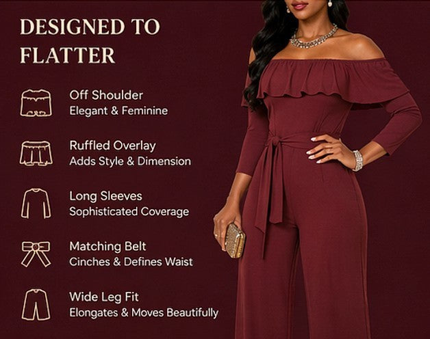 Burgundy Ruffled Overlay Off Shoulder Wide Leg Jumpsuit Belted Elegant Formal