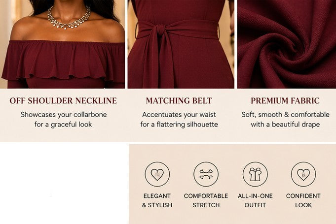 Burgundy Ruffled Overlay Off Shoulder Wide Leg Jumpsuit Belted Elegant Formal